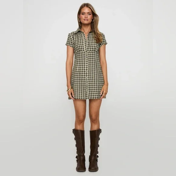 NWT Princess Polly Motley Mini Dress Brown Check Shirt Dress - Picture 2 of 6